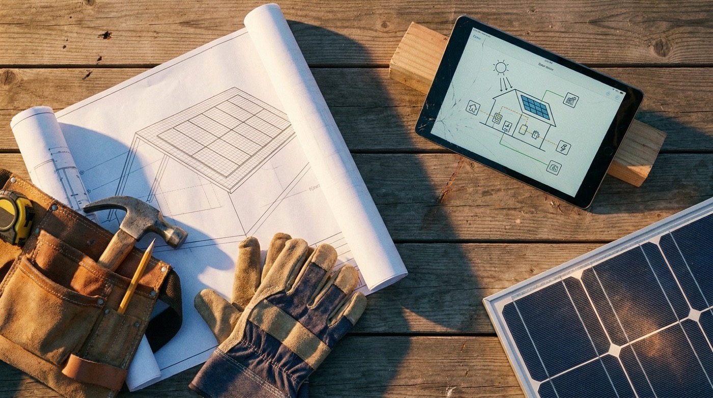 Blueprints, tools, and a solar planning tablet on a workbench